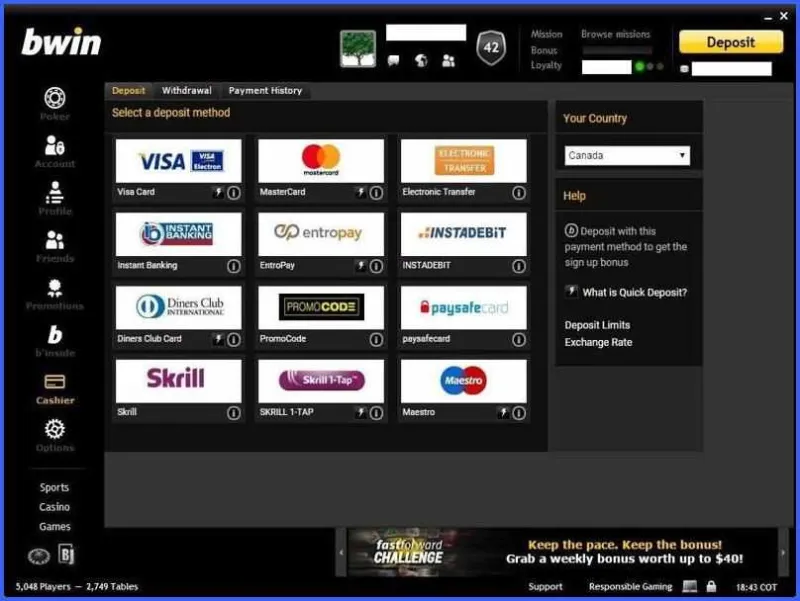 Deposita en tu cuenta de casino Bwin