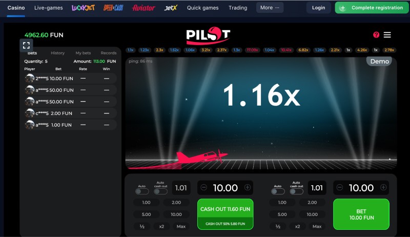 Play Pilot slot for free and real money 