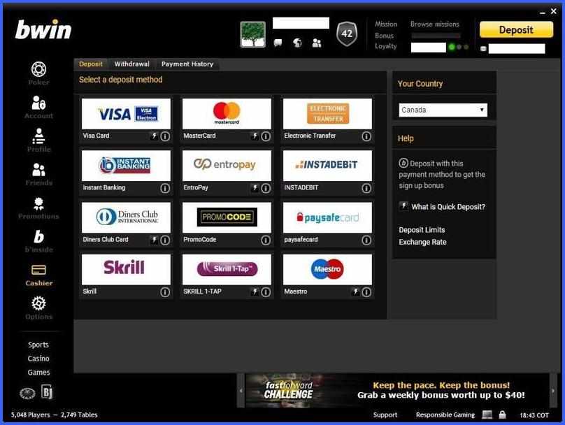 Depositing at Bwin Casino