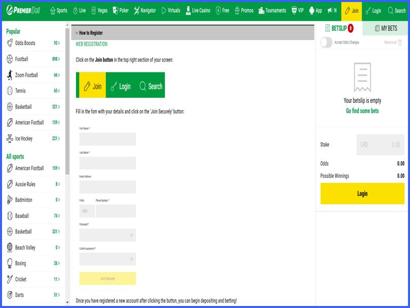 Registration at PremierBet casino